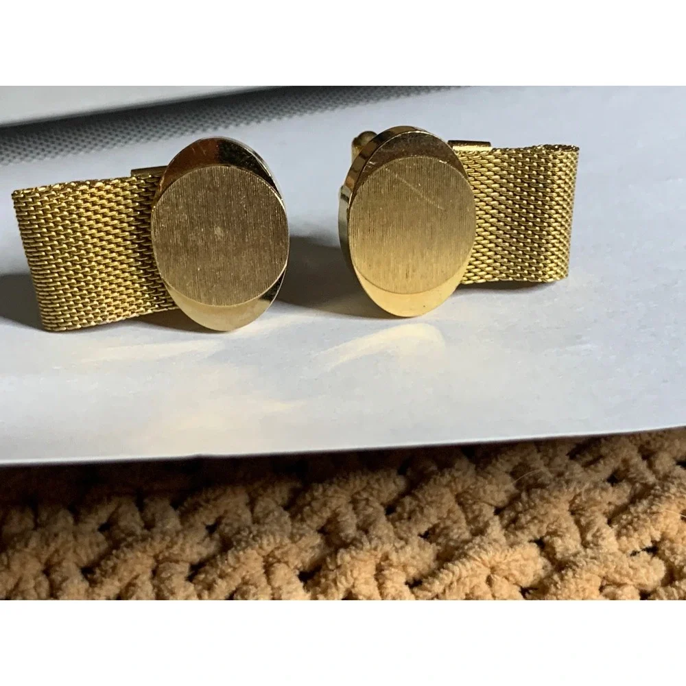 Gold Tone Oval Mesh‎ Cufflinks Textured Classic Vintage Mens Jewelry